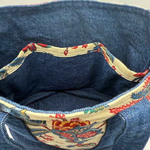 Handmade Denim & Floral Canvas Tote Bag with Pockets 13x14x6 - Picture 12 of 13